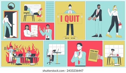 Quiet quitting bento grid illustration set. Work life balance millennials 2D vector image collage design graphics collection. Gen z diverse employees refusing overwork flat characters moodboard layout