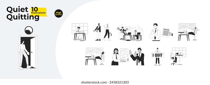 Quiet quitting black and white cartoon flat illustration bundle. Diverse gen z employees refusing overwork 2D lineart characters isolated. Work life balance monochrome vector outline image collection