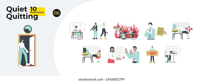 Quiet quitting line cartoon flat illustration bundle. Diverse gen z employees refusing overwork 2D lineart characters isolated on white background. Work life balance vector color image collection