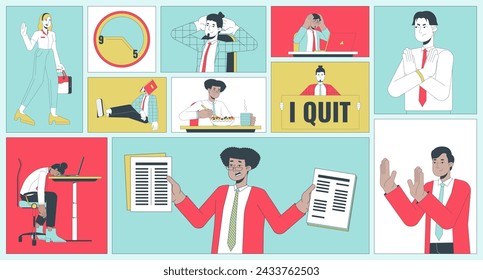 Quiet quitting trend at workplace bento grid illustration set. Office work healthy 2D vector image collage design graphics collection. Gen z workers avoiding burnout flat characters moodboard layout