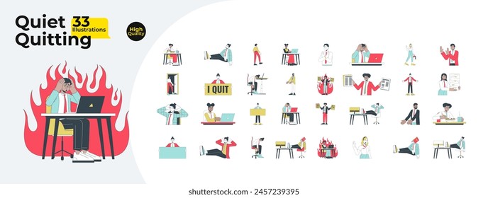 Quiet quitting trend at workplace line cartoon flat illustration bundle. Gen z workers avoiding burnout 2D lineart characters isolated on white background. Office work vector color image collection