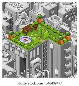 Quiet rooftop garden with bench and fish pond in a gray concrete city (isometric illustration)
