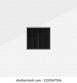 quiet room seen form outside window monochrome minimalist illustration concept. closed square window and clean white brick wall background vector design.