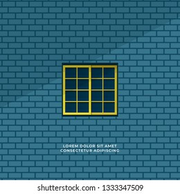 quiet room seen form outside window minimal illustration concept. closed square window and blue brick wall background vector design.