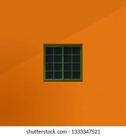 quiet room seen form outside window minimalist illustration concept. closed square window and grainy yellow wall background vector design.