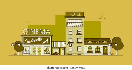 A quiet street with cinema, hotel and a shop seen through a yellow filter