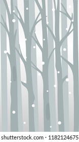 A quiet thicket of forest with snowflakes among the trunks. Vector background