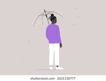 In a quiet urban environment, a person standing under a transparent umbrella as droplets of rain fall around them, fostering a sense of safety amidst the wet weather