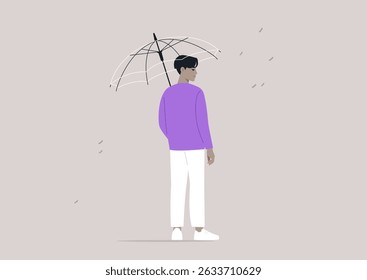 In a quiet urban environment, a person standing under a transparent umbrella as droplets of rain fall around them, fostering a sense of safety amidst the wet weather