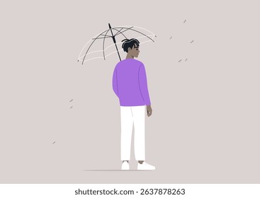 In a quiet urban environment, a person standing under a transparent umbrella as droplets of rain fall around them, fostering a sense of safety amidst the wet weather