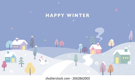 Quiet village landscape on a snowy winter night. flat design style vector illustration.