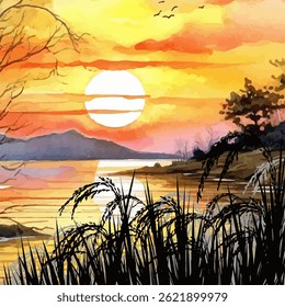 The quiet whispers of the reeds sway in the evening breeze, carrying the spirit of the earth’s timeless rhythm, a place where light, land,and heart become one.Hand-drawing, Vector illustration.