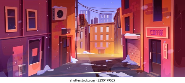 Quiet winter city street corner urban cityscape background with snow, buildings. cafe door, windows, old walls and view on central illuminated road and dusk evening sky, Cartoon vector illustration