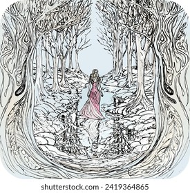 La contemplación silenciosa del invierno en el bosque, Ilustración de una mujer con un vestido rojo caminando a lo largo de una cala helada en una escena de bosque invernal, dibujada a mano al estilo Art Nouveau