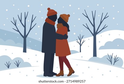 Ein ruhiger Winterabend, an dem Schneefall zwei Herzen in warme Liebe hüllt.