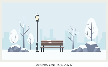 Quiet winter park scene with a snow-covered wooden bench, vintage street lamp post, and bare trees, vector landscape.