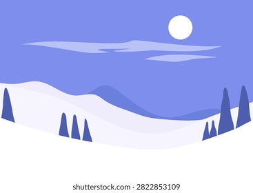 In the quiet of winter, a tranquil spruce landscape unfolds under a soft moonlit sky, Gentle slopes covered in snow blanket the ground, while dark silhouettes of bare trees stand tall.