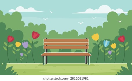 Quiet wooden bench placed in a beautiful park surrounded by colorful blooming flowers and green bushes.
