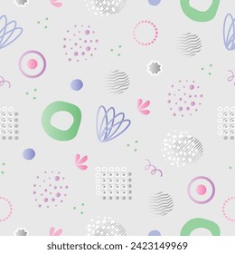 Quiet y2k seamless pattern, grey background with colorful gradient geometric shapes