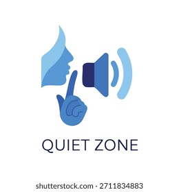 Ícone de Zona Silenciosa com Silhueta de Rosto e Símbolo de Alto-falante, Área Silenciosa e Sem Conceito de Ruído, Ilustração de Vetor Minimalista Azul para Ordem e Sinal de Concentração