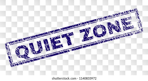 QUIET ZONE stamp seal print with grunge style and double framed rectangle shape. Stamp is placed on a transparent background. Blue vector rubber print of QUIET ZONE caption with grunge texture.