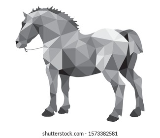 quietly stands a powerful silver  horse in the style of low poly, isolated image on a white background, pub decoration, beer production, transportation and delivery of beer