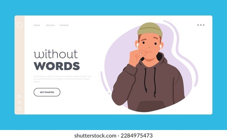 Quietness Or Privacy Landing Page Template. Young Male Character Making The Silent Gesture Represented By Lips on Zip, Keeping Secrets, Discreet Communication. Cartoon People Vector Illustration