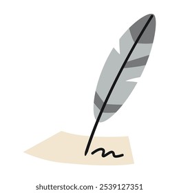 Quill, Bird feather writes on paper, literature and history concept, ancient times. Vector illustration isolated on white background, hand drawn, flat design