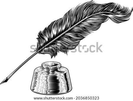 A quill feather antique pen and ink well in a retro vintage engraved or etched woodcut print style.