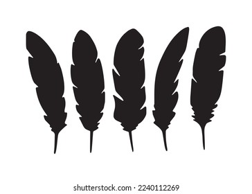 Quill feather icons. Vector silhouettes of black bird plume with curved barb. Vintage ink pen, calligraphy writing tool or fluffy quill feather isolated