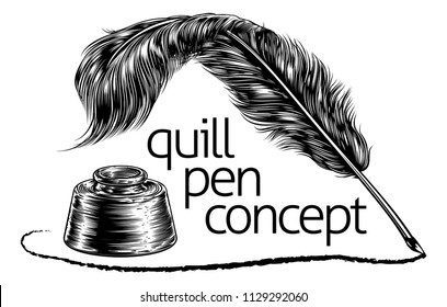 A quill feather ink writing pen and inkwell concept in a vintage retro woodcut or woodblock line art drawing style