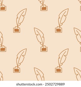 Quill Feather in Inkwell Seamless Pattern. Writing supplies Elegant beige background. Writer repeat vector illustration.