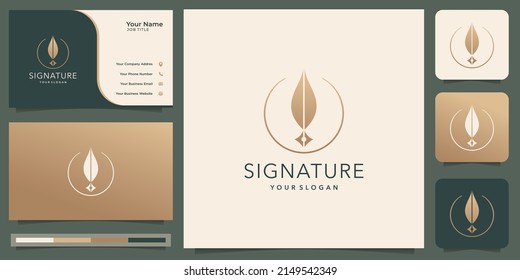 quill feather minimalist logo. inspiration signature feather premium concept with circle frame.