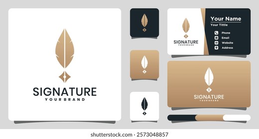 Quill feather minimalist logo inspiration. Signature feather concept and business card template