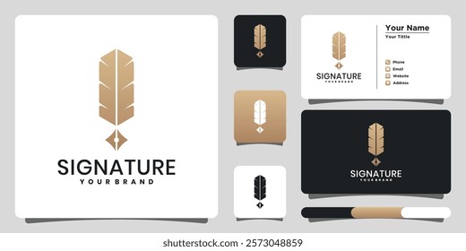 Quill feather minimalist logo inspiration. Signature feather concept and business card template