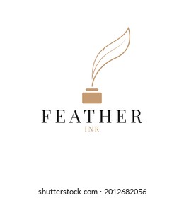 Quill Feather Pen And, Ink Bottle. Minimalist Signature Silhouette Logo Design Vector