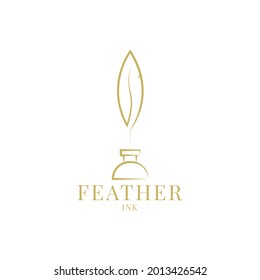 Quill Feather Pen and, ink bottle. Minimalist golden Signature logo design vector