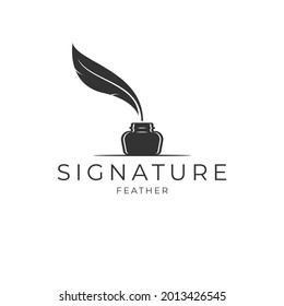 Quill Feather Pen and, ink bottle. Minimalist Signature silhouette logo design vector