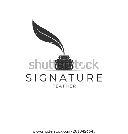 Quill Feather Pen and, ink bottle. Minimalist Signature silhouette logo design vector