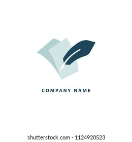 Quill Feather Pen Concept Logo. Blog, note, encyclopedia, online courses, sketch art, webinar, stationery, education sign. Calligraphy icon. Vector logotype design pen and paper.