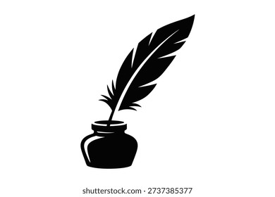 Quill feather pen in ink pot icon, black silhouette isolated on white background, vintage writing and calligraphy symbol, literature and author concept, handwritten manuscript tool