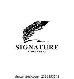 Quill Feather Pen, Vektor desain logo Tulisan Tangan Minimalis. Feather quill pen signature logo design vector.