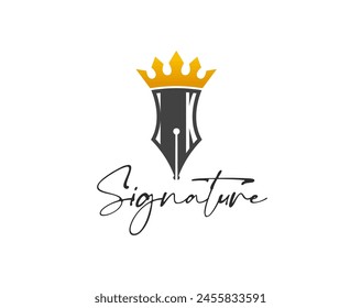 Quill icon, feather pen. Law, notary office or writer signature symbol with gold regal crown. Isolated vector sign of professionalism, authority, business contract, notes, justice or company identity