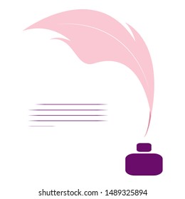 Quill icon. Flat style Isolated symbol of calligraphy supplies. Writing and art tools logo template. Sign of ink and feather pen. Colored collection. First Fountain pen. Inkwell vector silhouette.