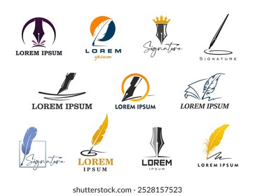 Quill icons with feather pen. Law, notary or writer symbols with vector ink pen and feather quills, book pages and gold crown. Calligraphy signature, literature, education, poetry and lawyer signs