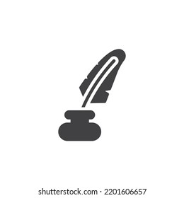 Quill and ink bottle vector icon. filled flat sign for mobile concept and web design. Inkwell and feather pen glyph icon. Calligraphy symbol, logo illustration. Vector graphics