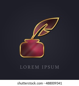 Quill With Ink Red Ruby with Golden Frame Precious Jewellery Icon / Logo Design