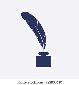 Quill Inkwell Icon Flat Vector Feather Pen Symbol Illustration Silhouette