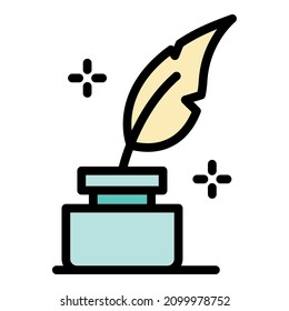 Quill in the inkwell icon. Outline Quill in the inkwell vector icon color flat isolated