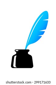 Quill in inkwell on white background